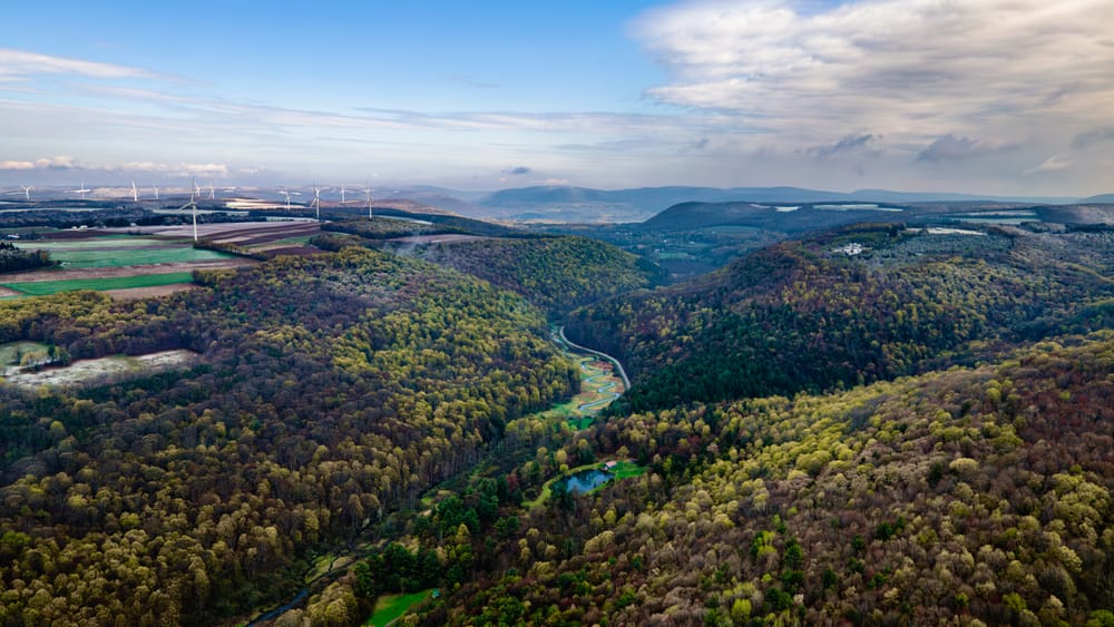 High aerial view into the wooded Twelve Mile Creek valley with patchwork fields, hills, and wind turbines.